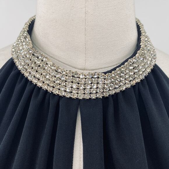 Vintage 90s Jumpsuit Embellished Rhinestone Choker Keyhole Neck Flared Leg Black - Picture 4 of 12